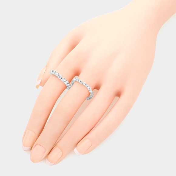 Silver Rhinestone Crystal 2 Piece Stackable Stretch Ring Statement Jewelry - Picture 2 of 3